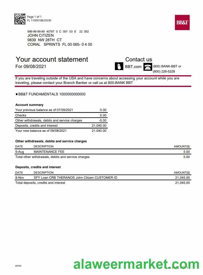 USA North Carolina BB&T Corp. bank account statement template in Excel and PDF format